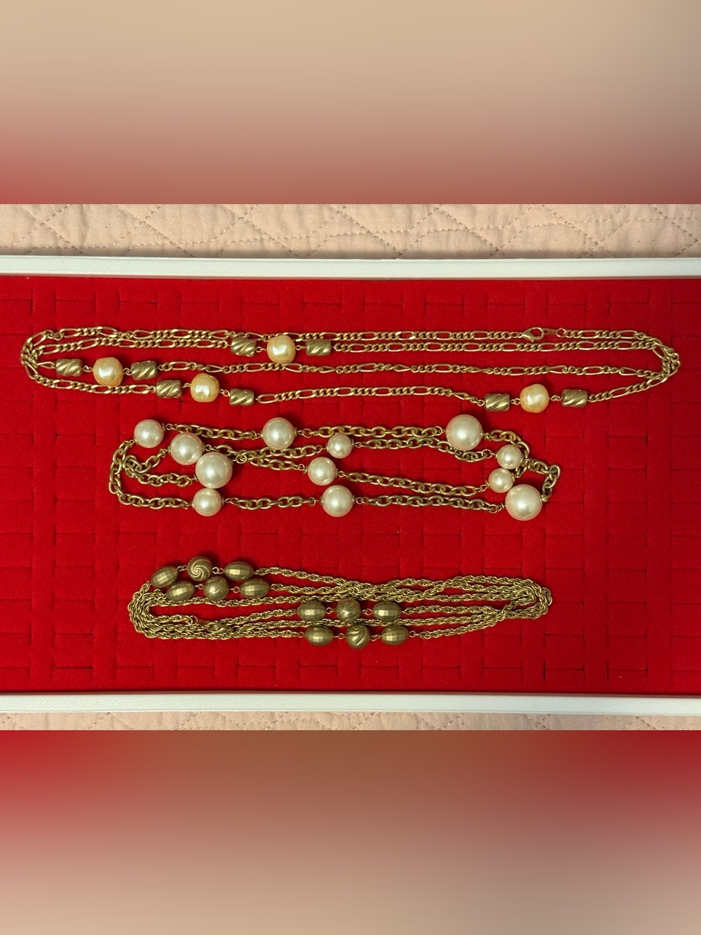 Vintage Gold-Tone Pearl Station Long Necklaces 3 PCs